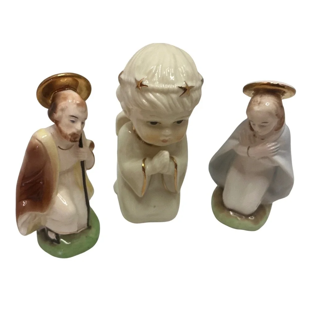 Vintage Nativity Set Porcelain Gold Trim 3pc Christmas Decor Small